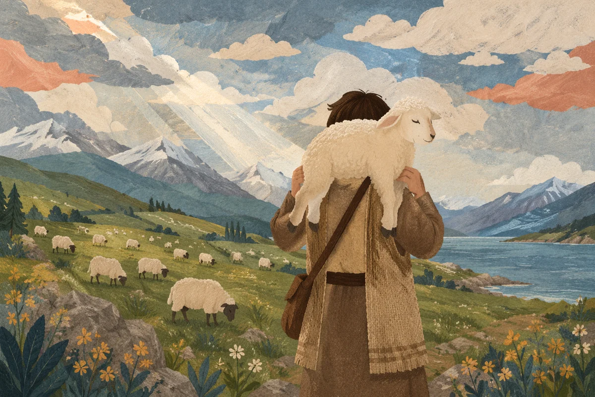 Shepherd Carrying Lost Lamb Through Mountain Meadow