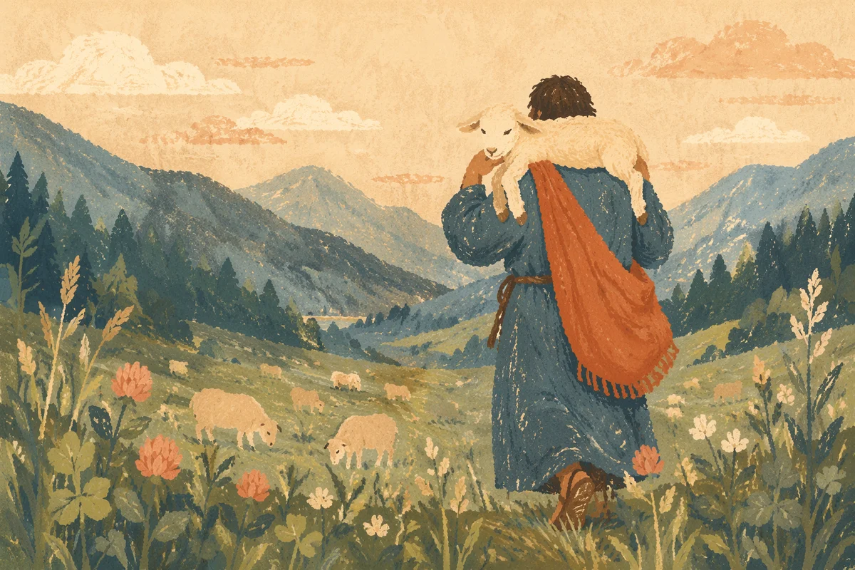 Shepherd Carrying Lost Lamb in Mountain Meadow