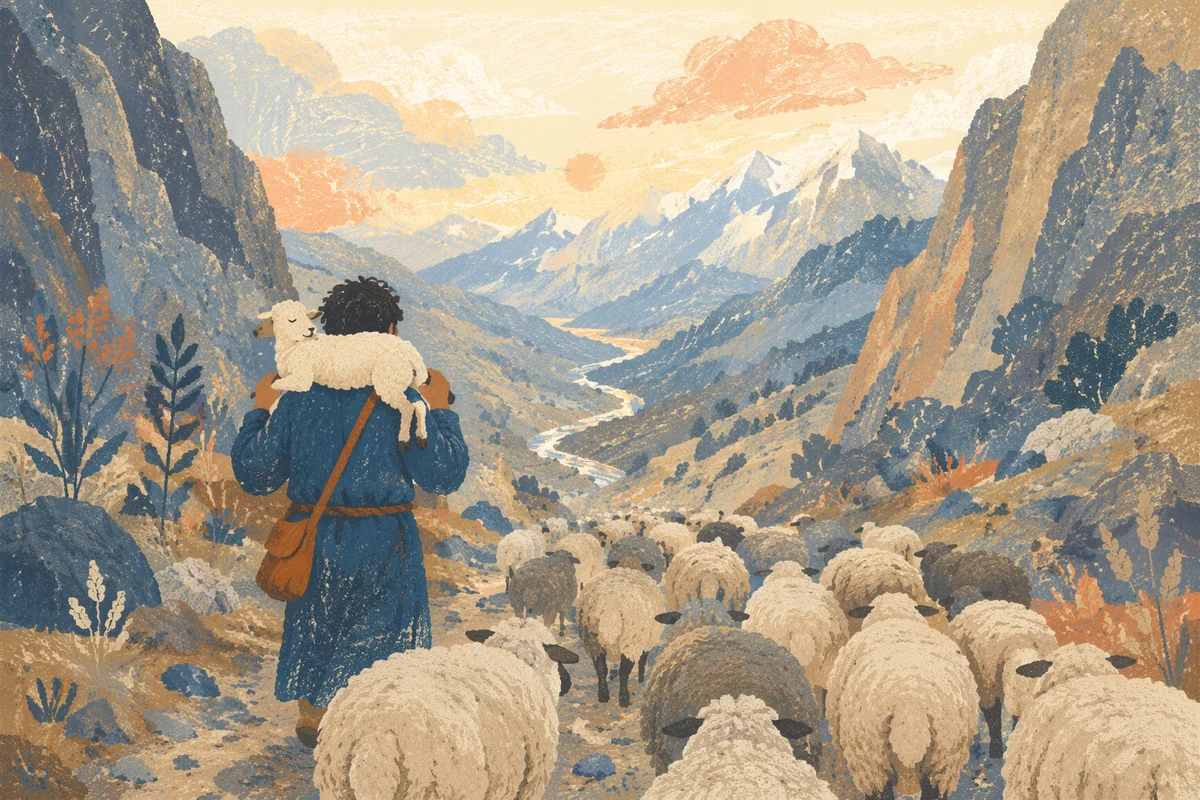 Shepherd Carrying Lost Lamb Through Mountain Valley