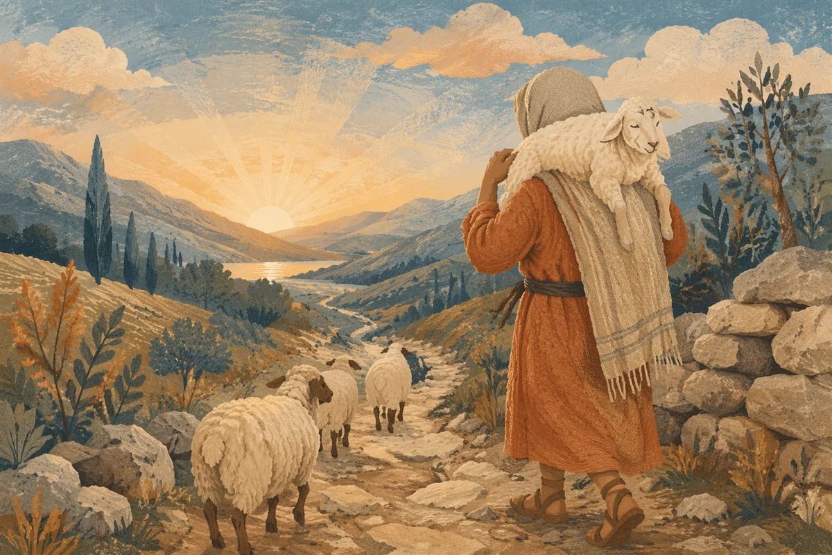 Shepherd Carrying Lost Lamb at Dawn