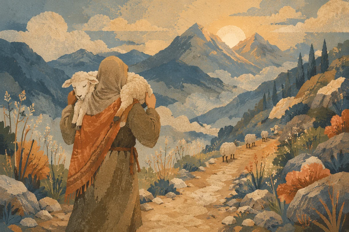Shepherd Carrying Lost Lamb at Dawn