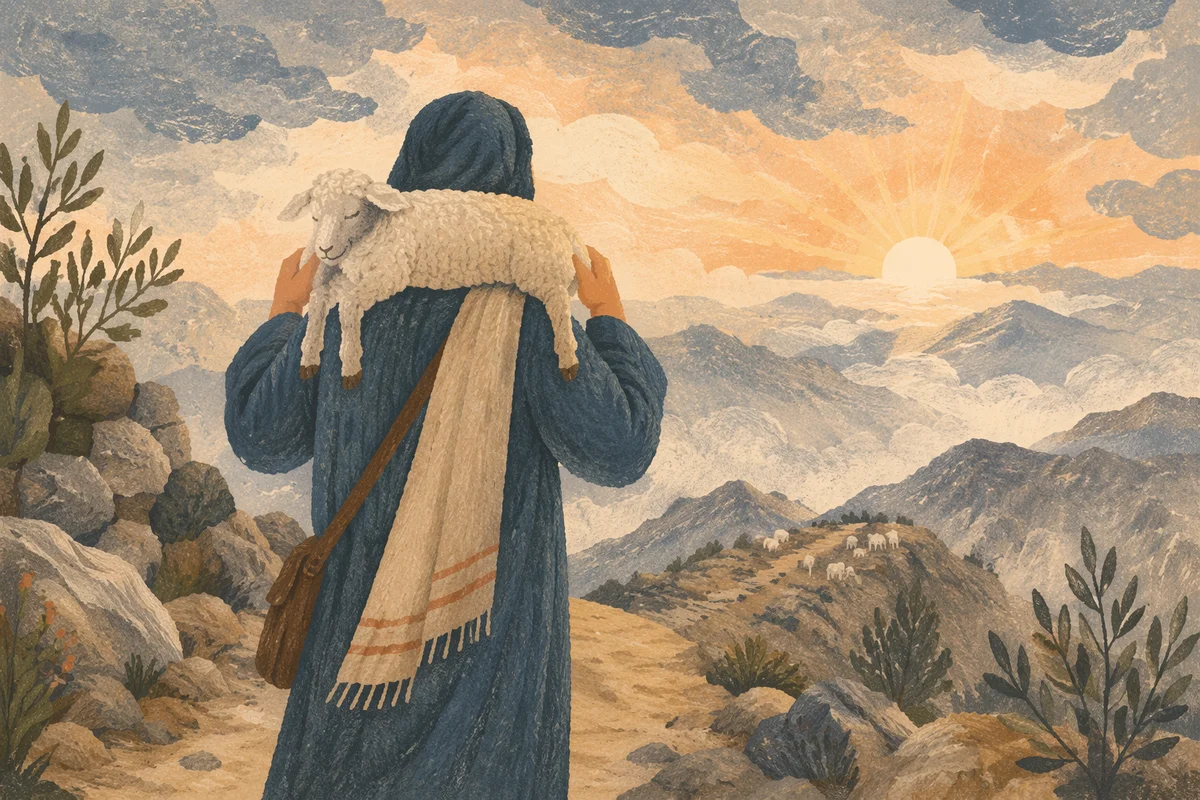 Shepherd Carrying Rescued Lamb at Dawn