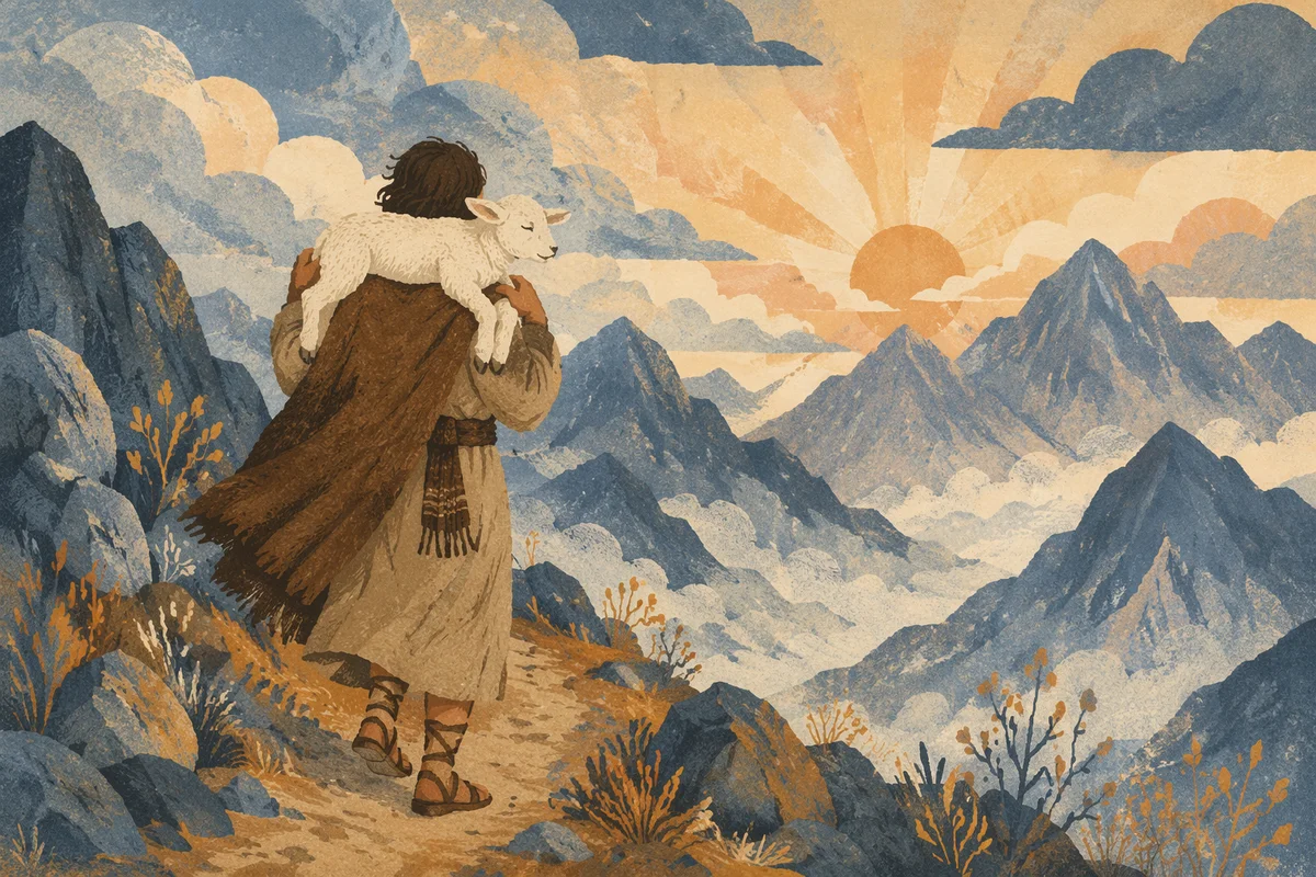 Shepherd Carrying Lost Lamb at Dawn