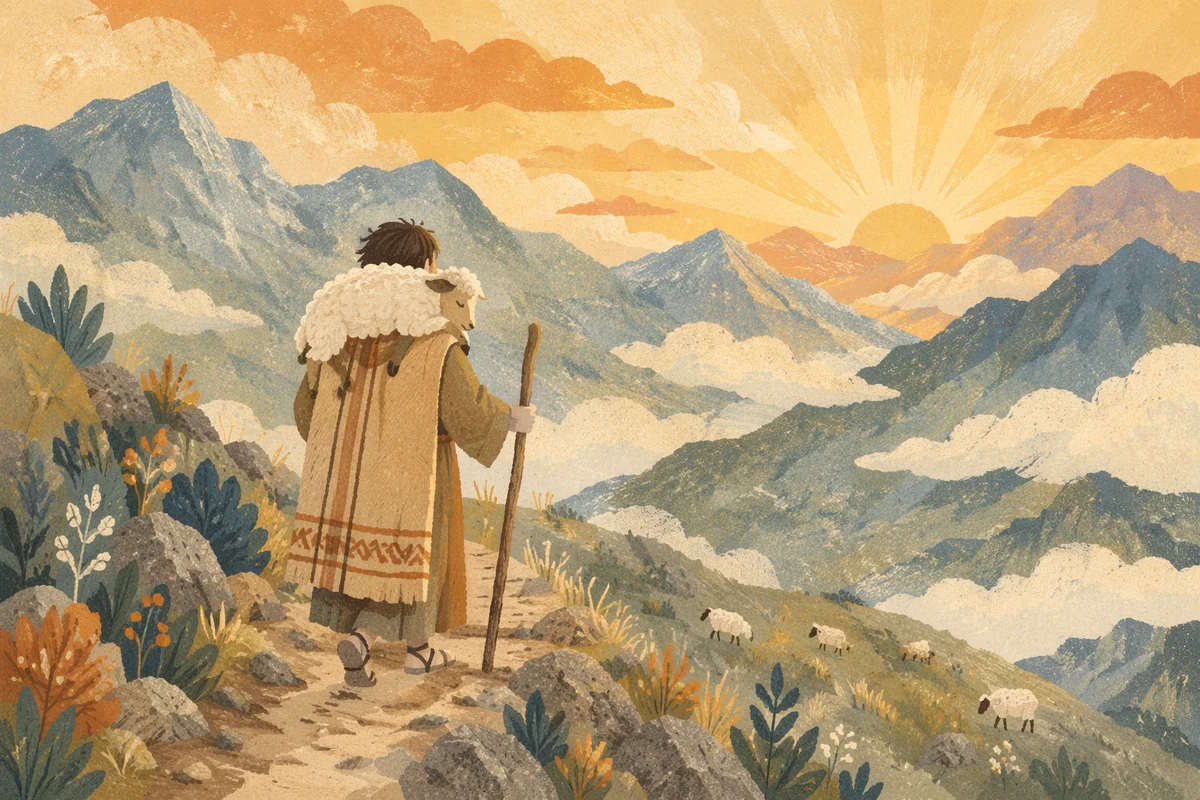 Shepherd Carrying Lost Lamb at Dawn