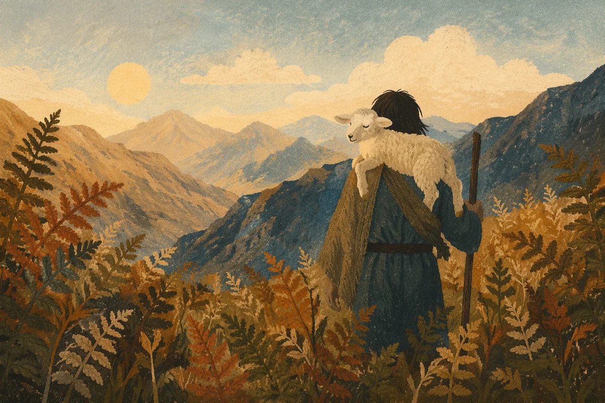 Shepherd Carrying Lost Lamb in Mountains