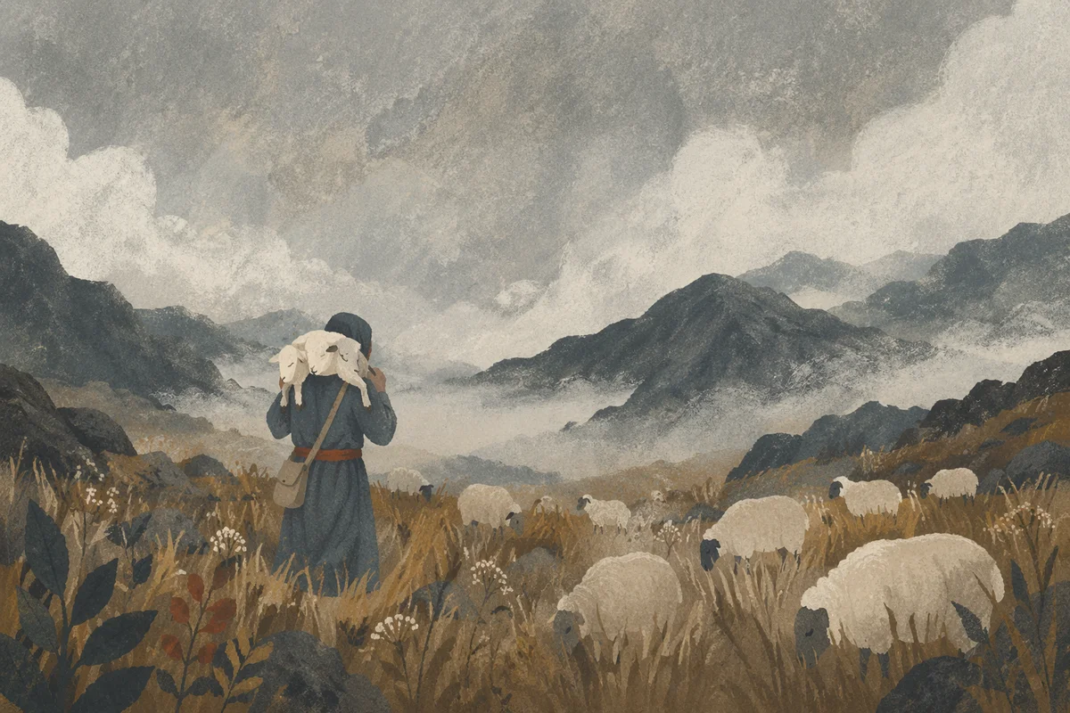 Shepherd Rescuing Lost Lamb at Dawn