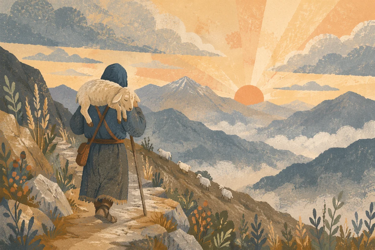 Shepherd Carrying Lost Lamb at Dawn