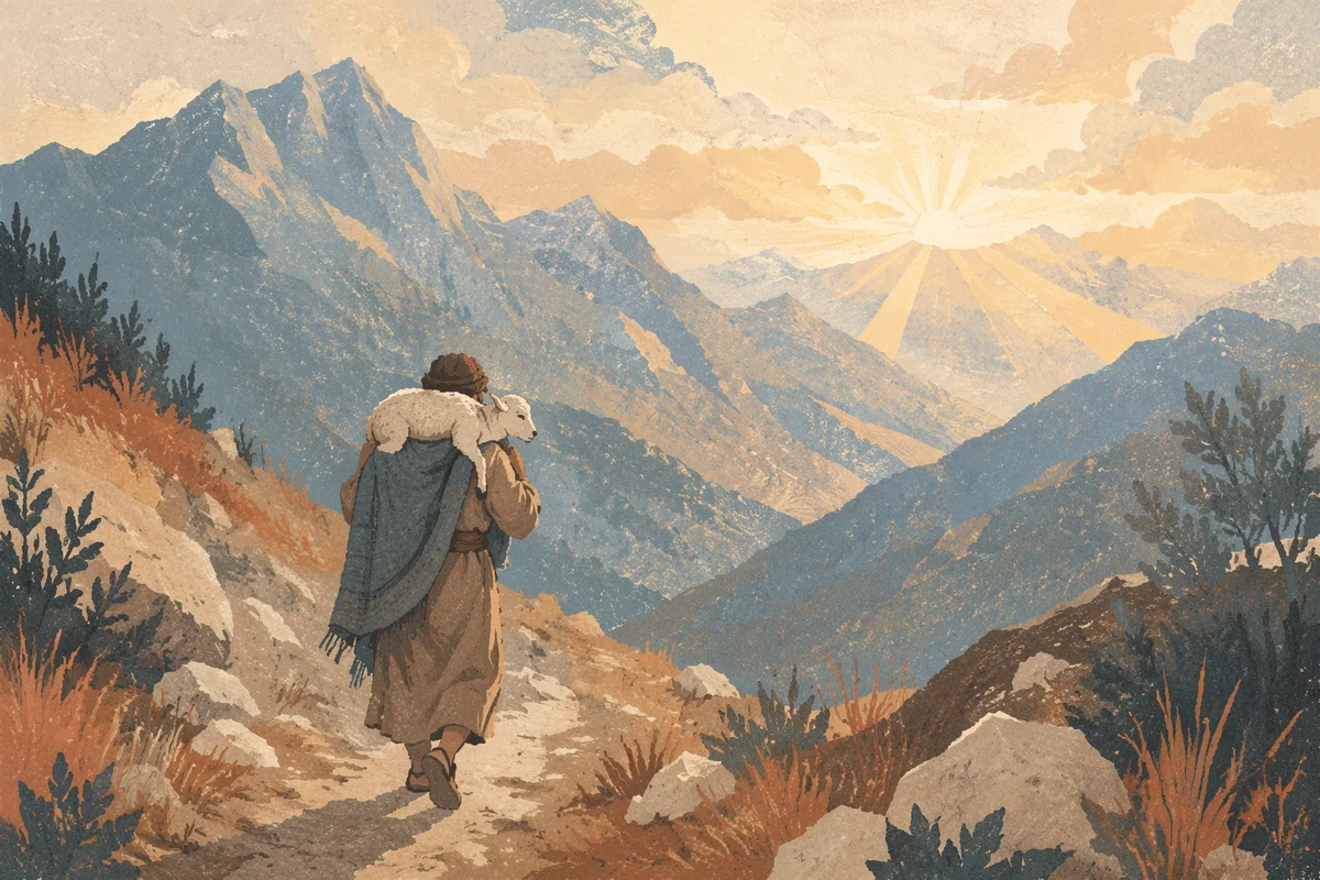 Shepherd Carrying Lost Lamb Through Mountains