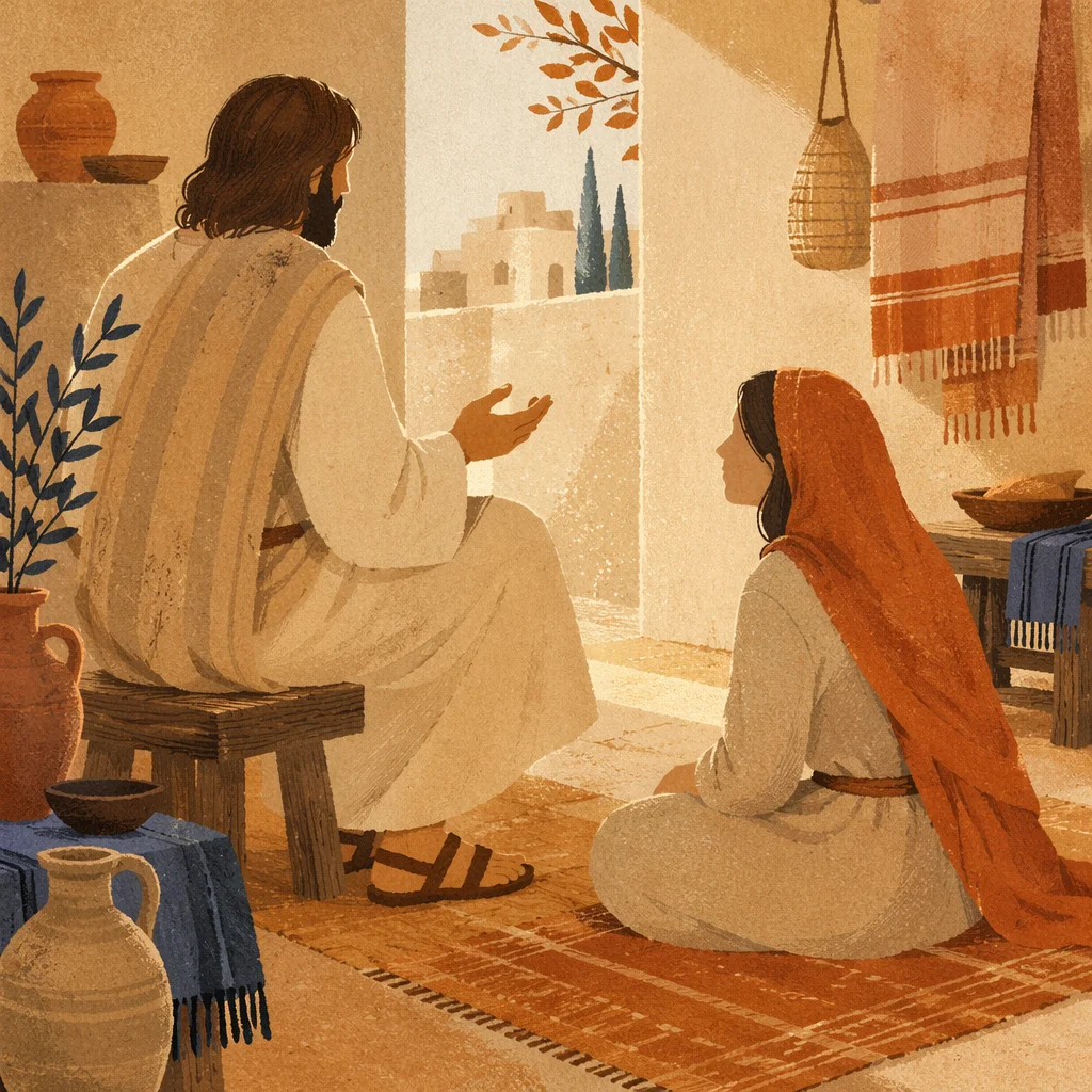 Mary Listening at Jesus Feet Indoors
