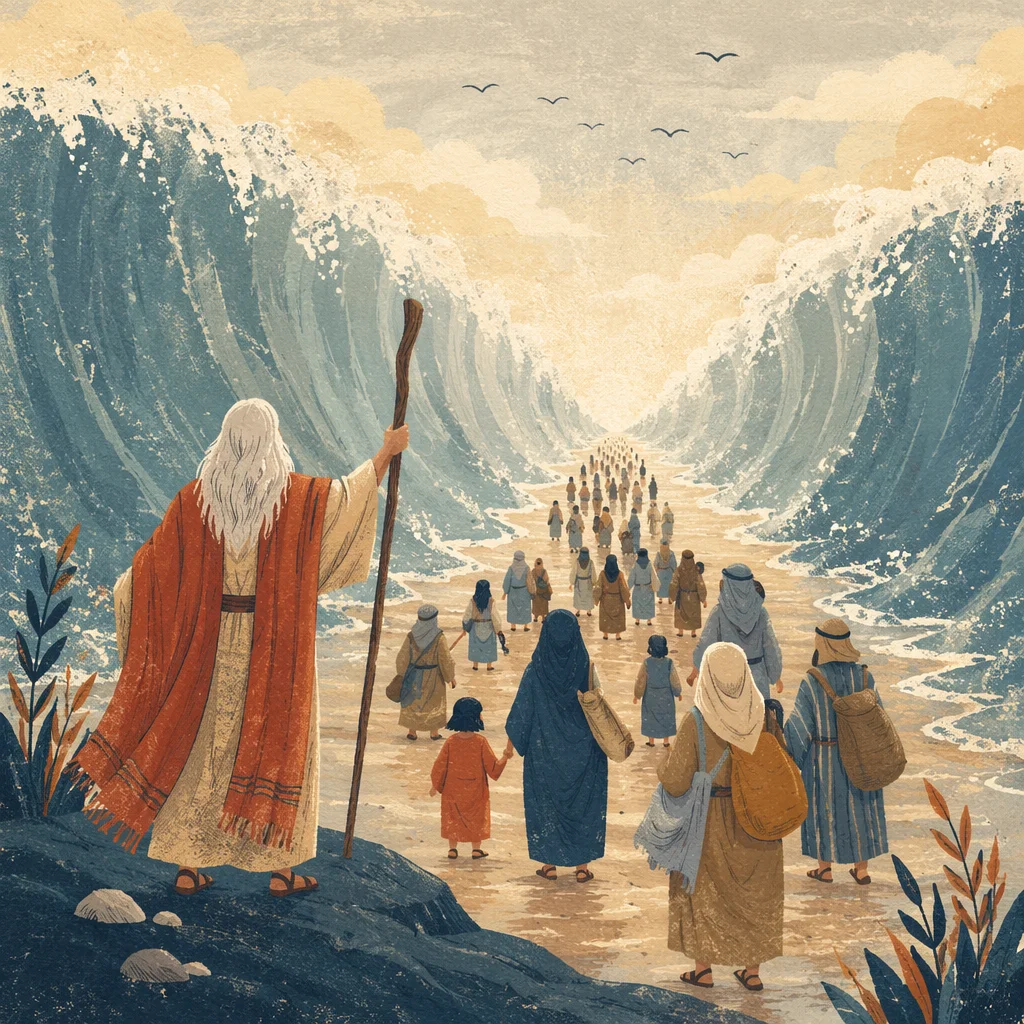 Moses Leading Israelites Through Divided Sea