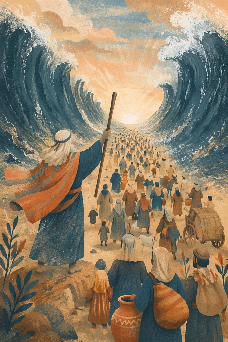 Moses Leading Israelites Through Parted Red Sea