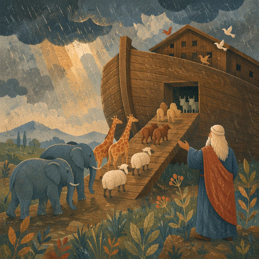 Noah Ark Animals Boarding in Rain