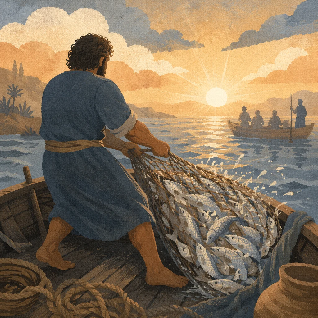 Peter Hauling the Miraculous Catch at Dawn