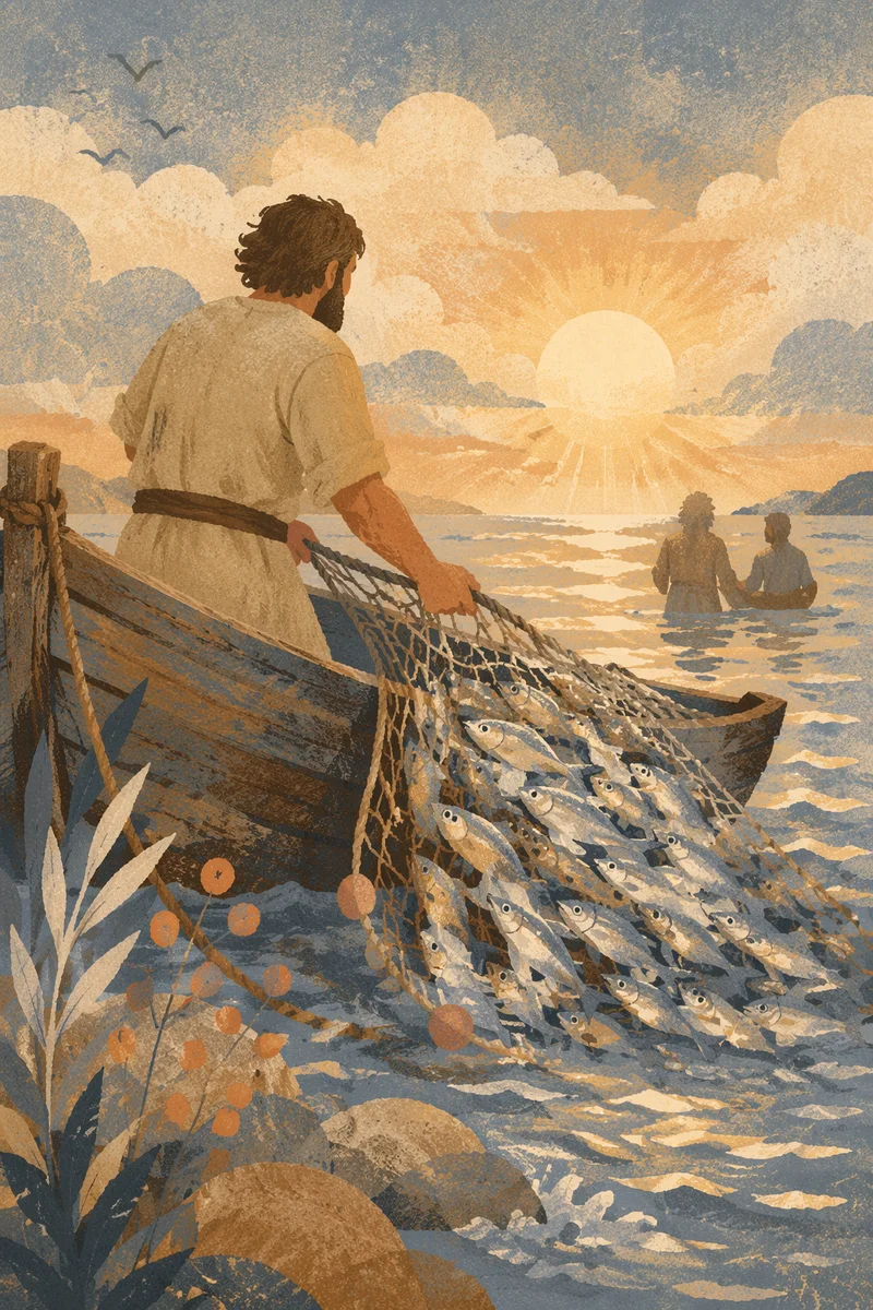 Peter Hauls the Miraculous Catch at Dawn