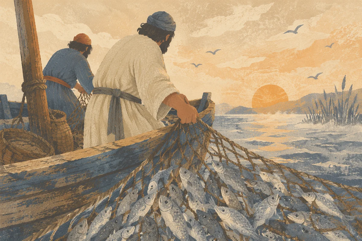 Peter Hauls the Miraculous Catch at Dawn