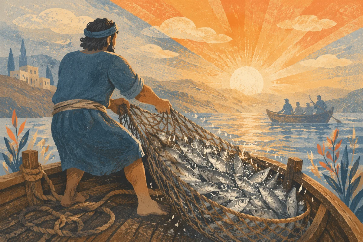 Peter Hauling the Miraculous Catch at Dawn
