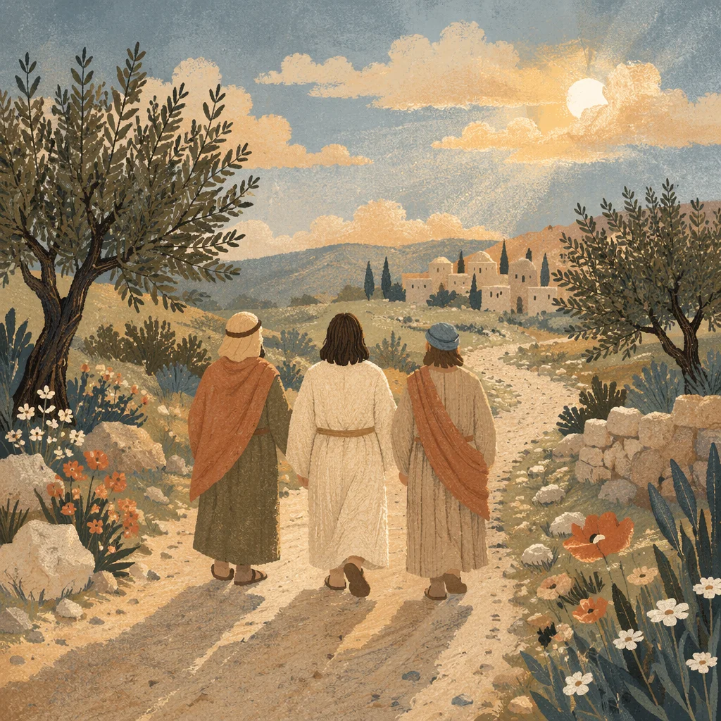 Road to Emmaus Travelers at Golden Dusk