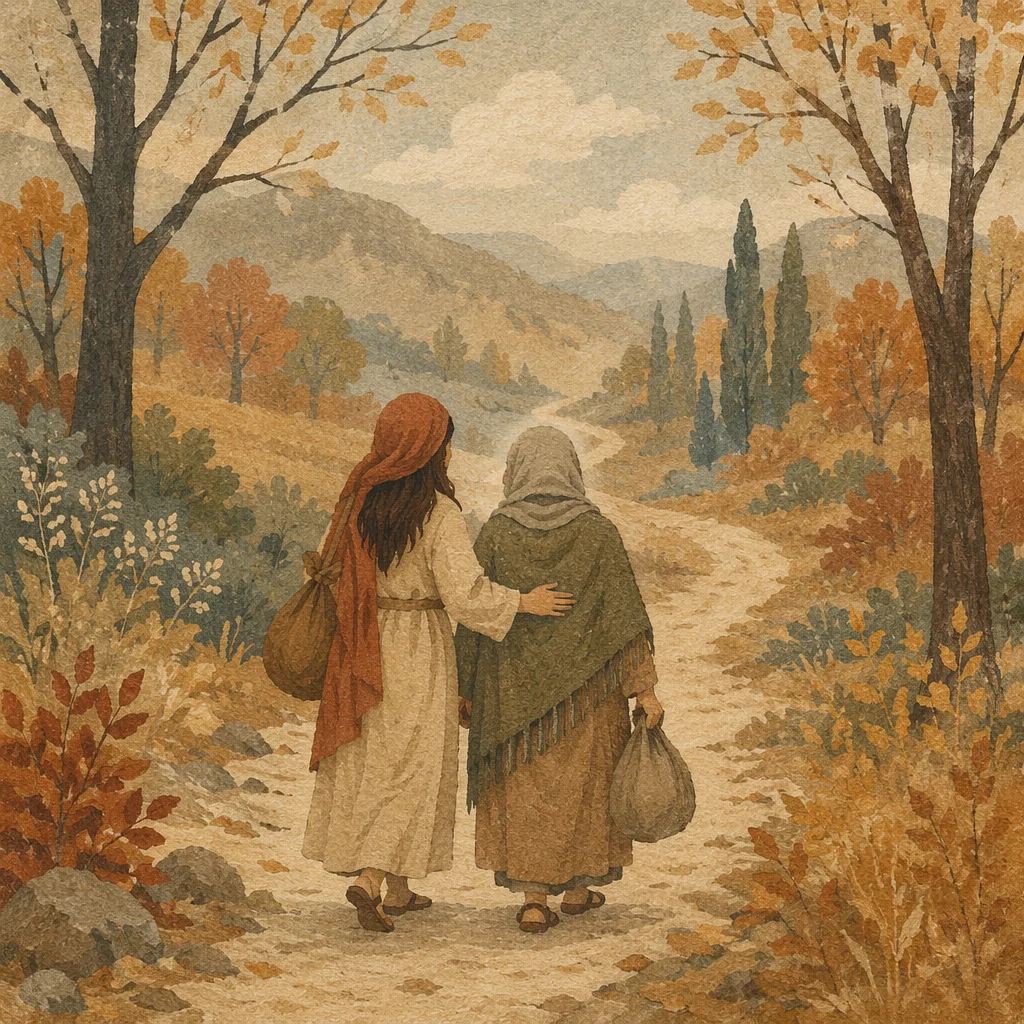 Ruth and Naomi Walking Autumn Road