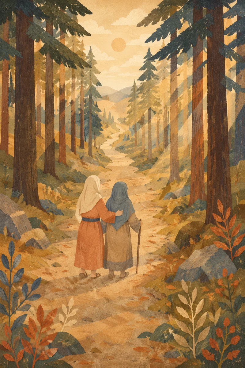 Ruth and Naomi Journey Through Pine Forest