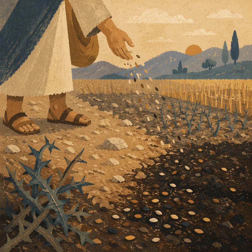 Parable Sower Scattering Seeds on Four Soils