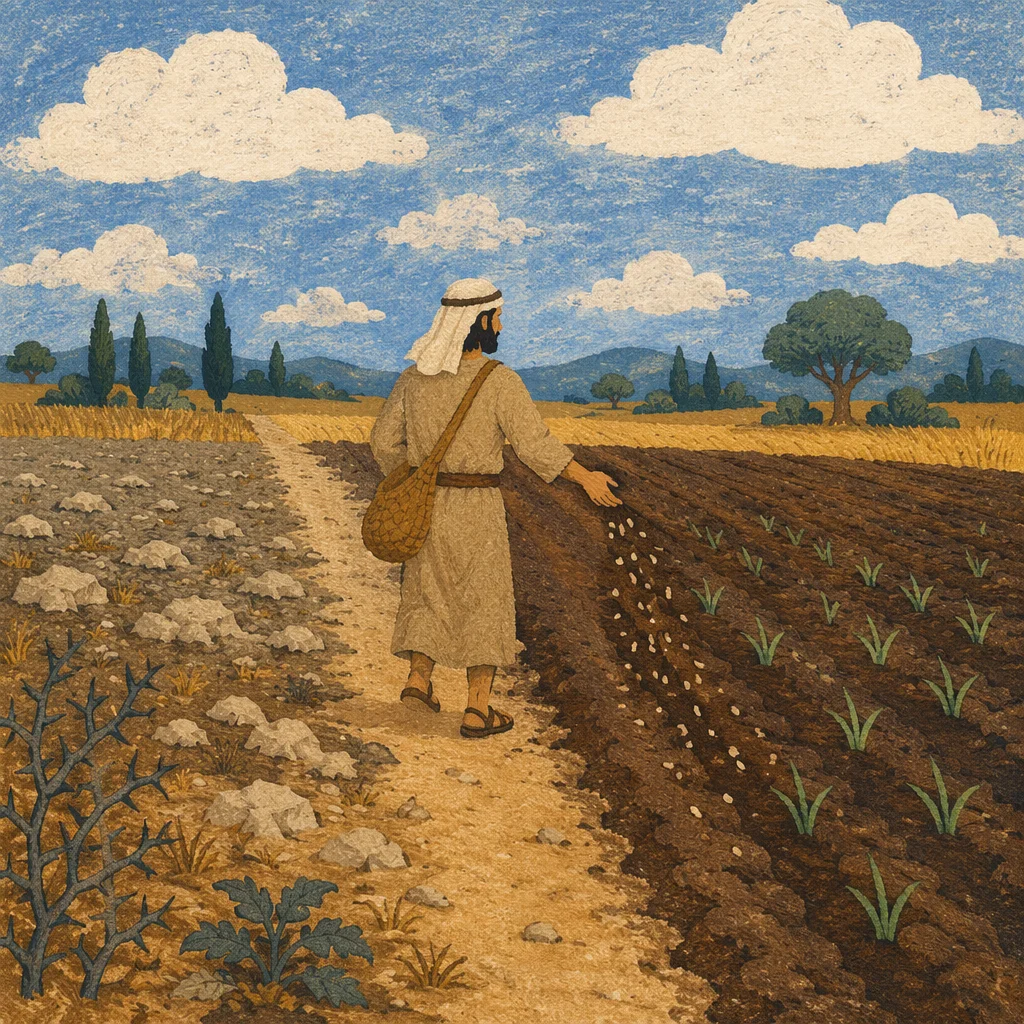 Sower Scattering Seeds Across Four Soils