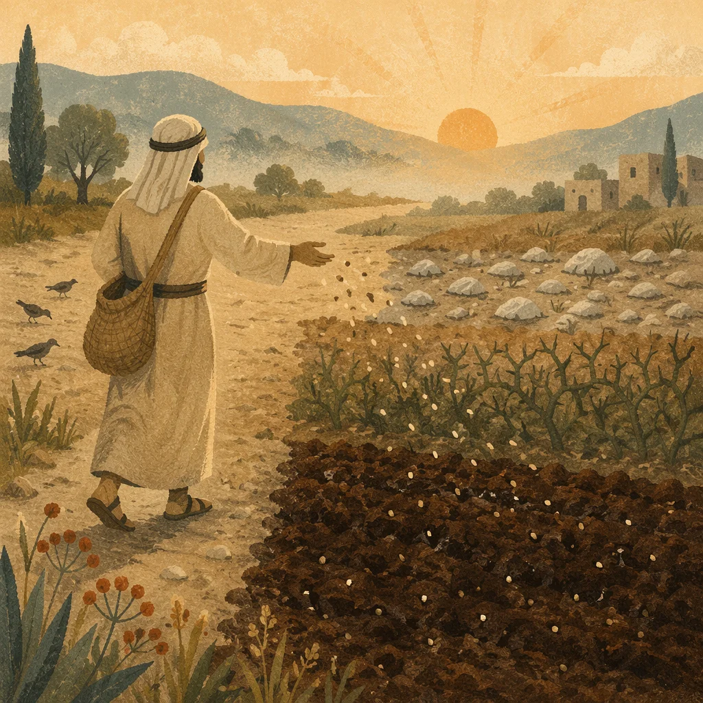 Sower Scattering Seeds Across Four Soils