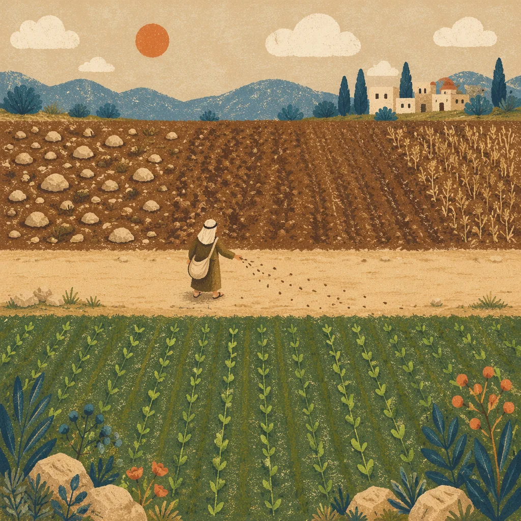 Sower Scattering Seeds Across Contrasting Soils