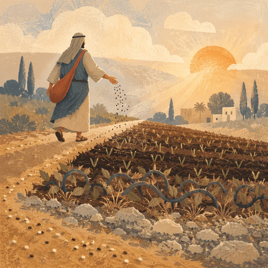 Sower Casting Seeds Across Four Soils