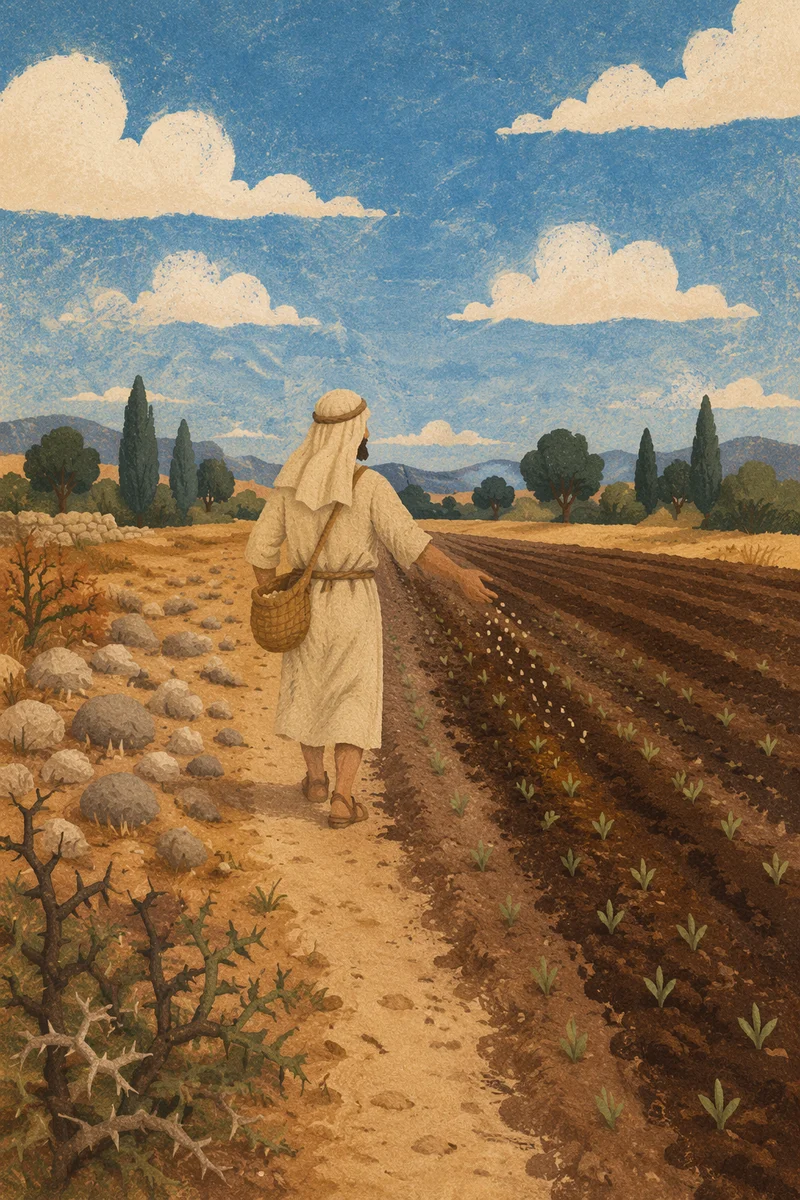 Biblical Sower Scattering Seeds Across Soils