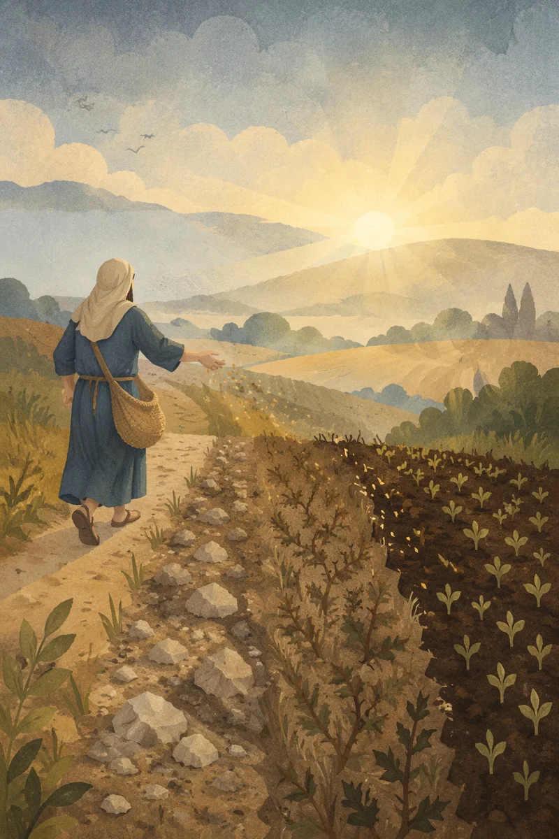 Biblical Sower Casting Seeds at Dawn