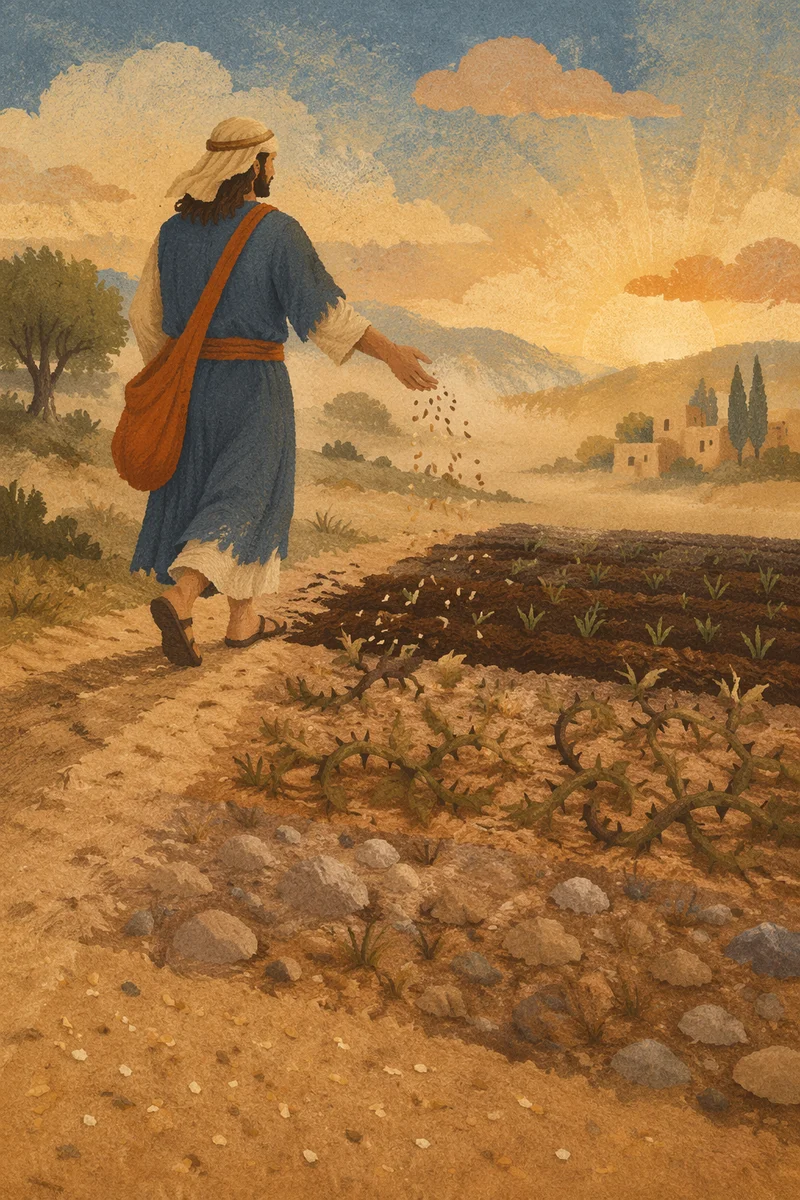 Sower Casting Seeds Across Four Soils