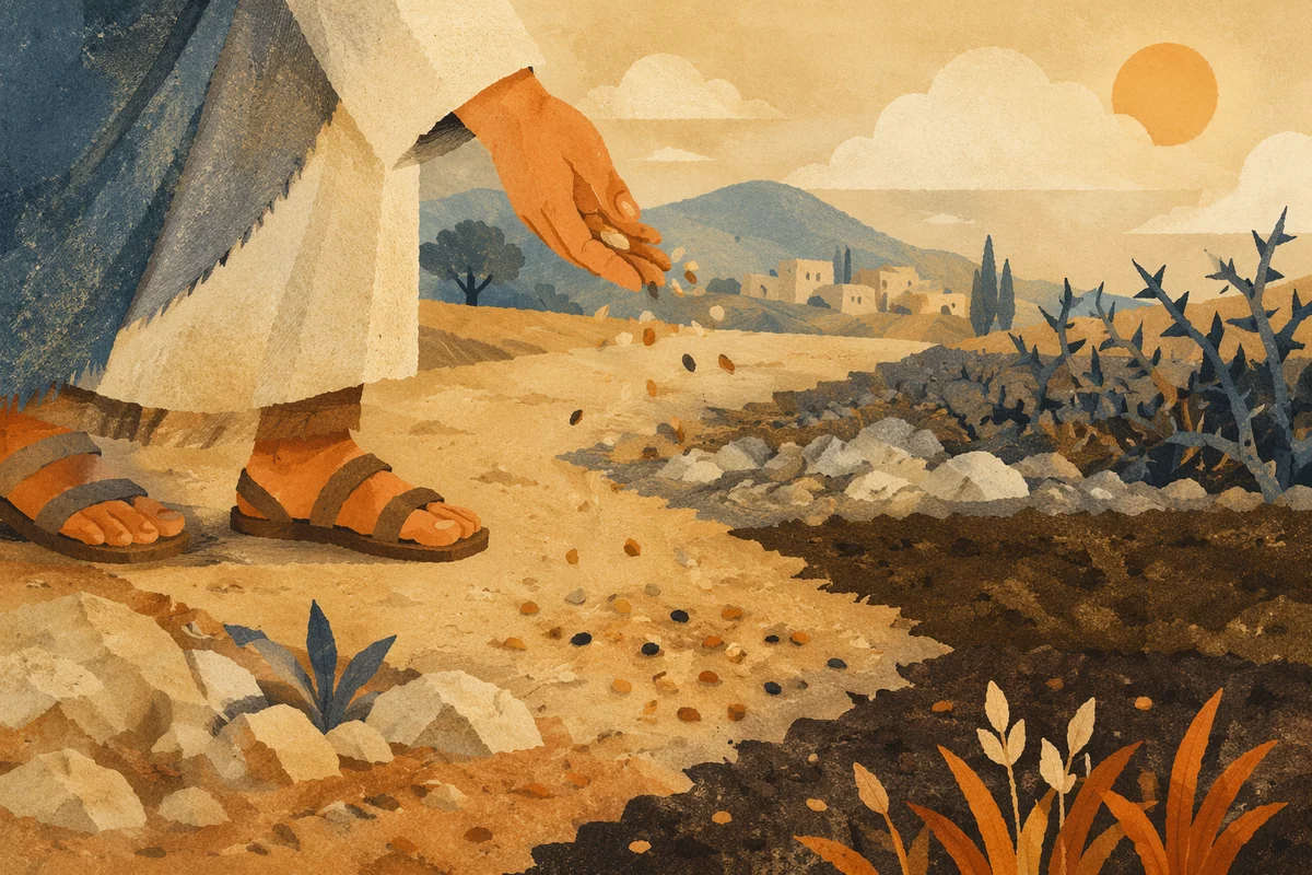 Sower Scattering Seeds on Four Soils