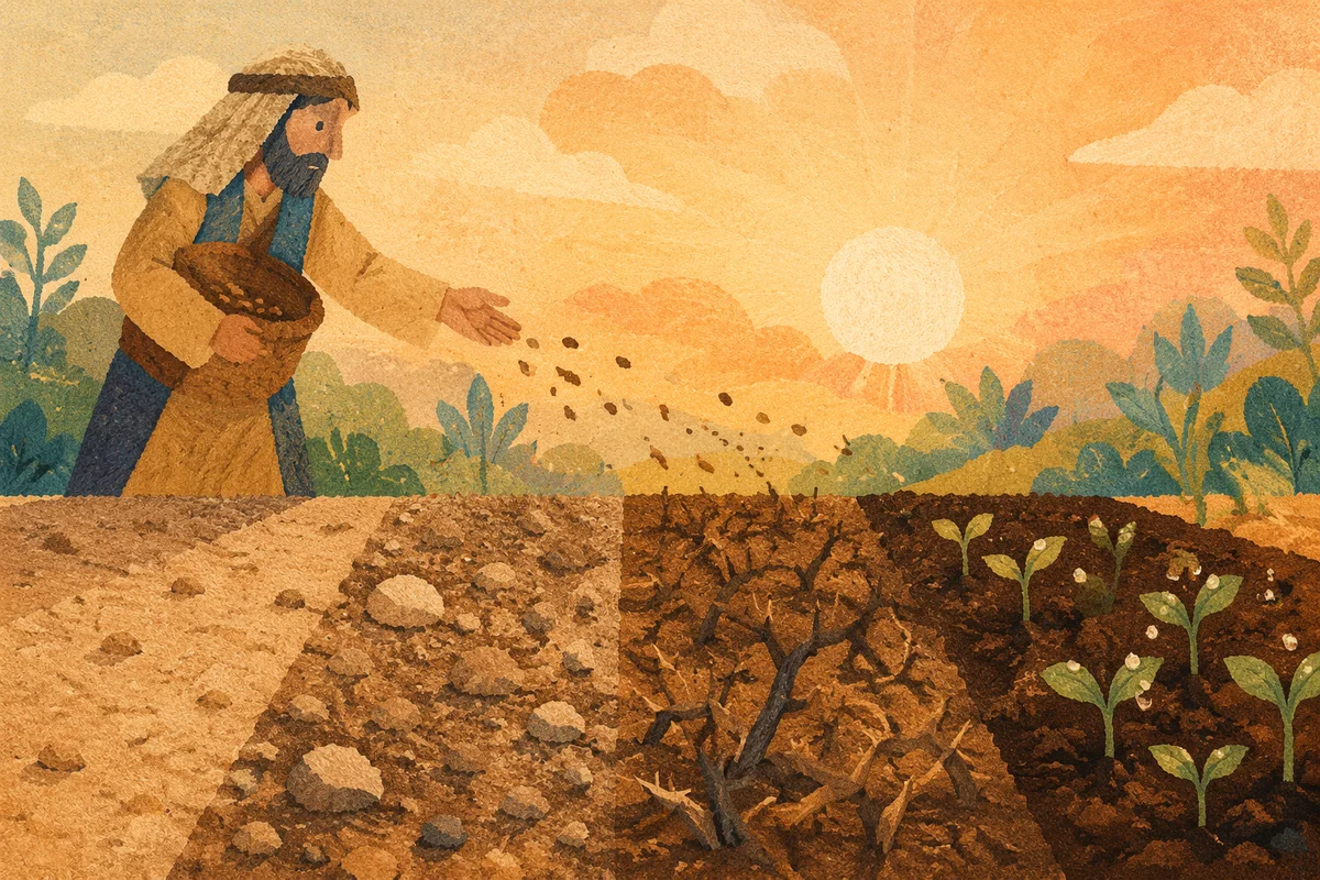 Sower Scattering Seeds Across Four Soils