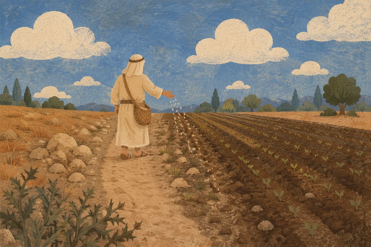 Sower Scattering Seeds Across Four Soils