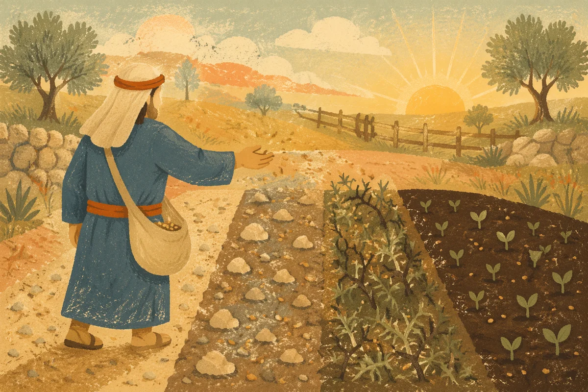 Sower Scattering Seeds Across Four Soils