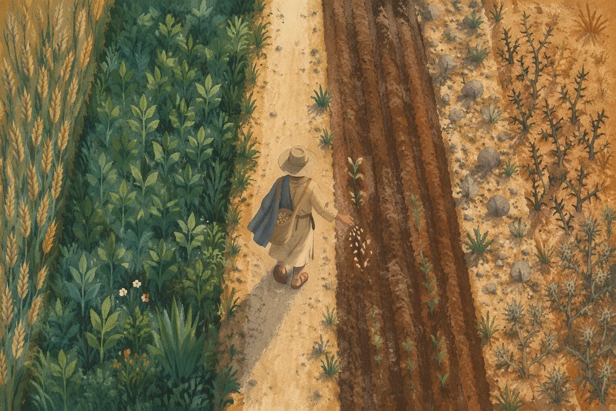 Sower Scattering Seeds Across Divided Farmland