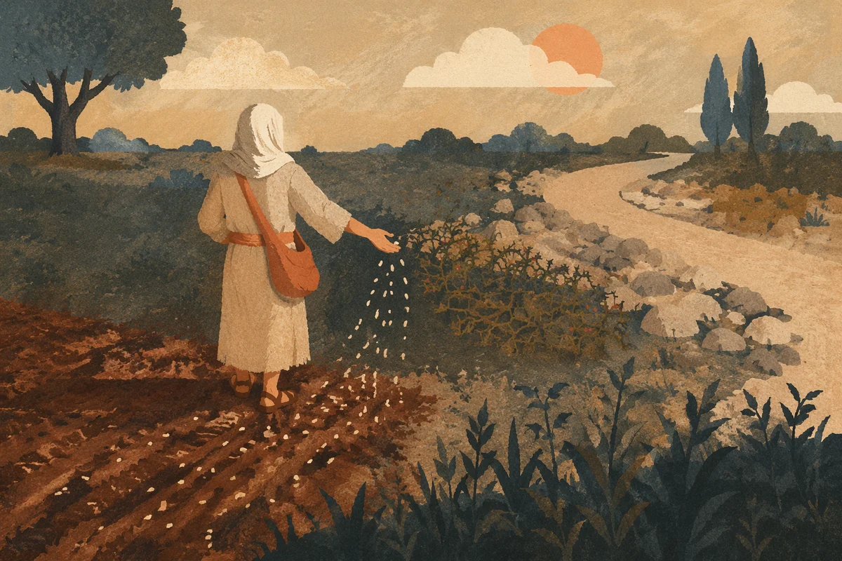 Sower Scattering Seeds Across Four Soils