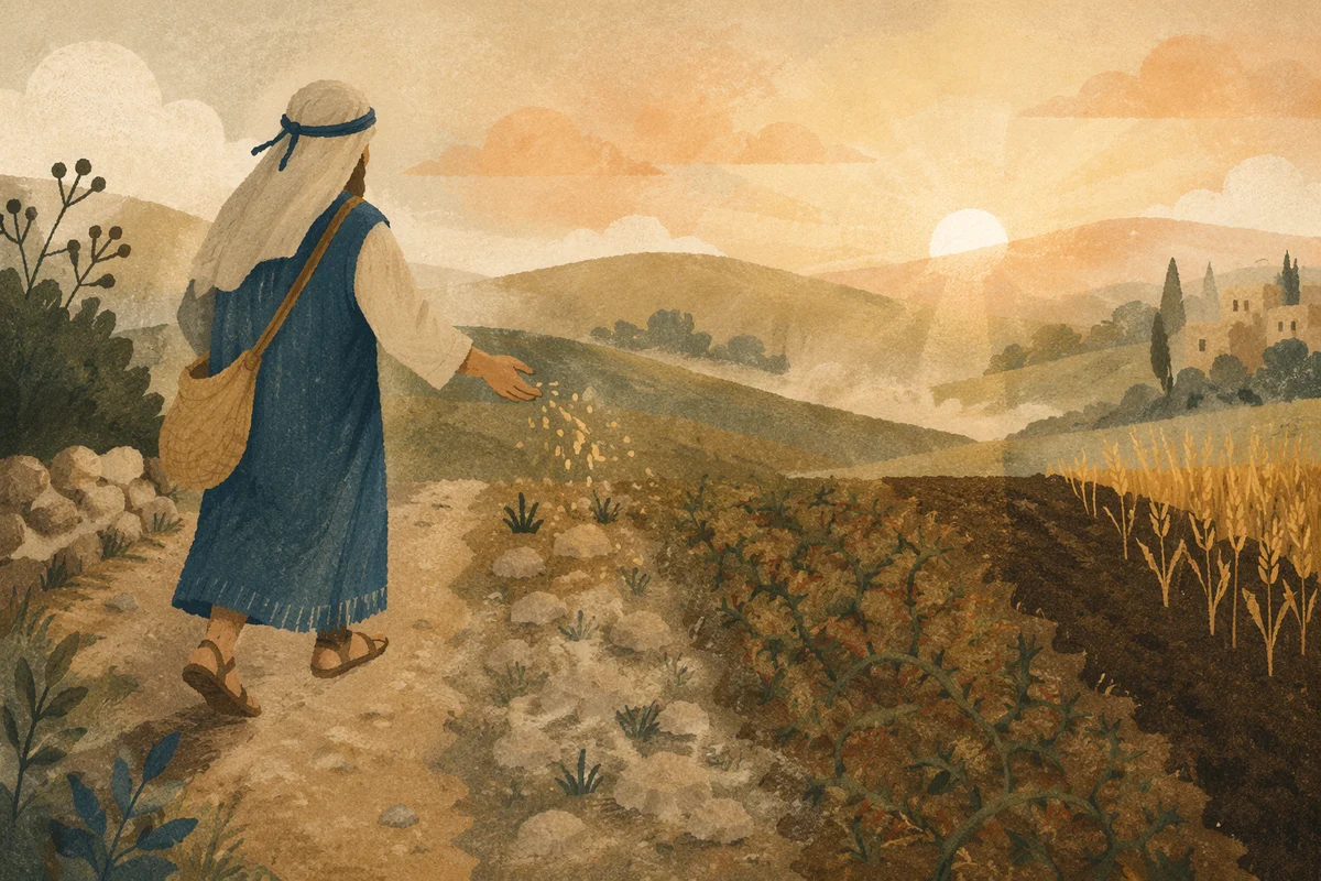 Sower Scattering Seeds Across Four Soils