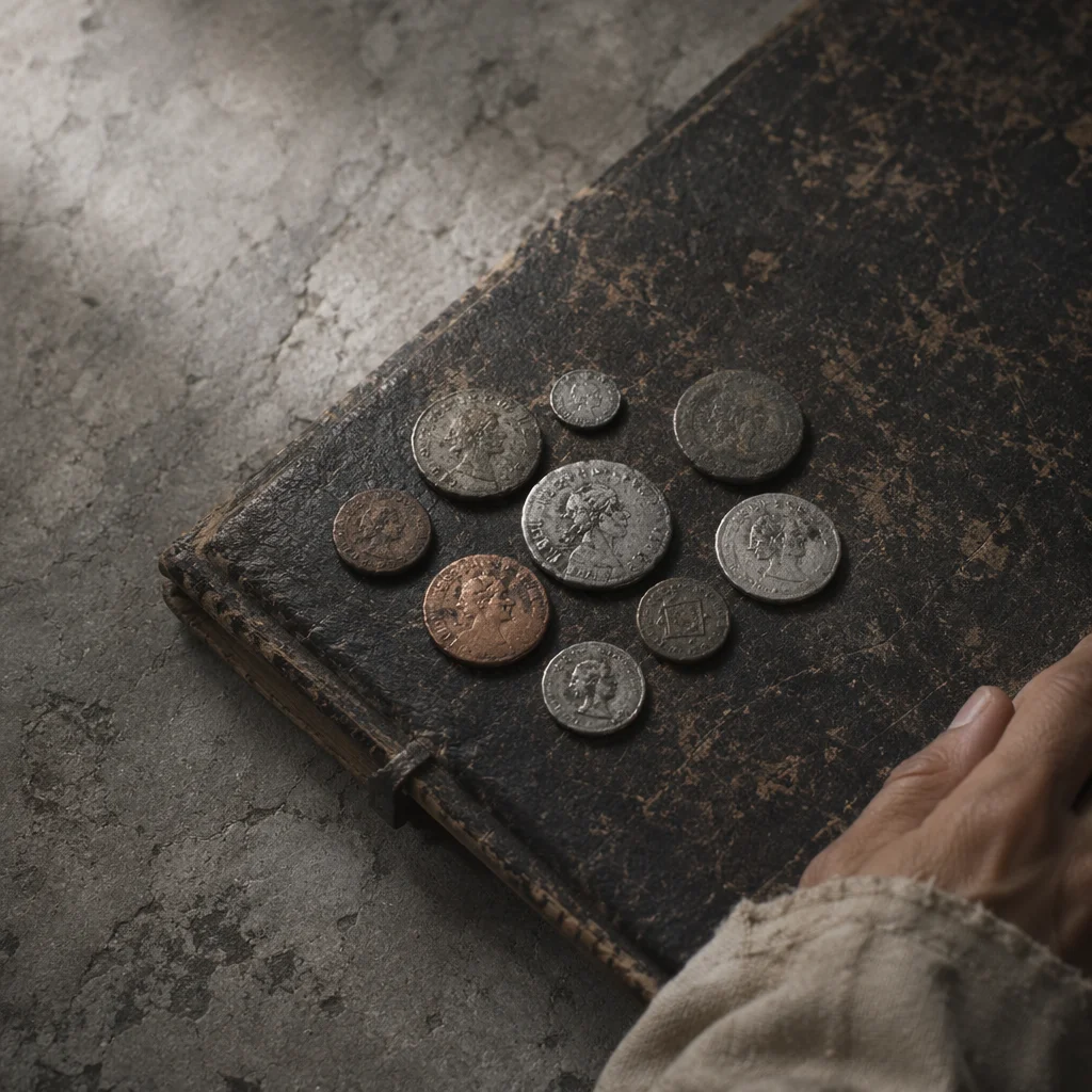 Ancient Coins and Ledger Parable Scene