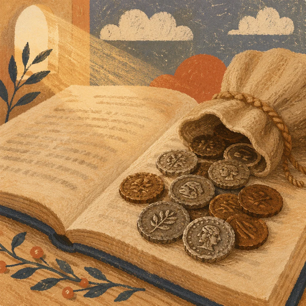 Ancient Coins and Linen Pouch on Book