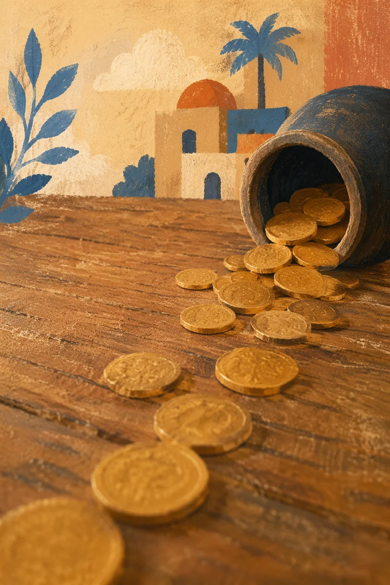 Parable of Talents Coins on Rustic Table