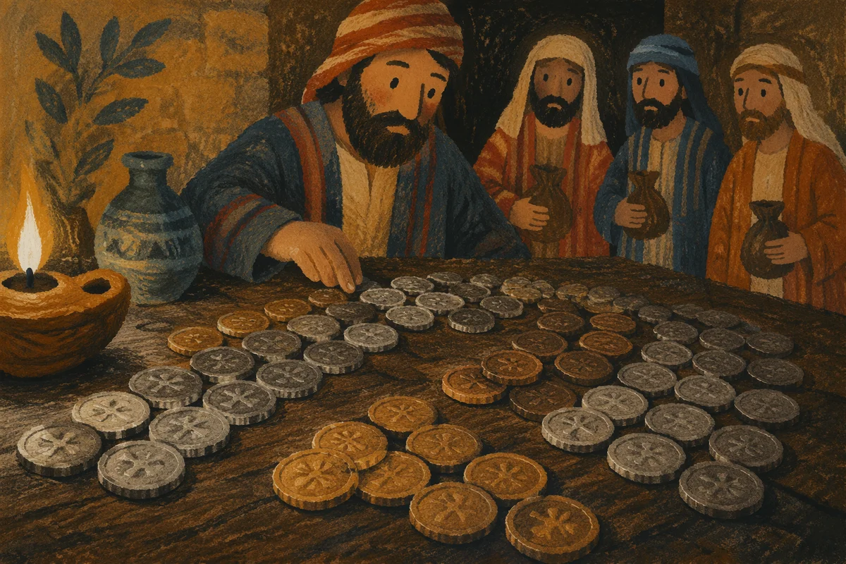 Biblical Talents Coins on Wooden Table