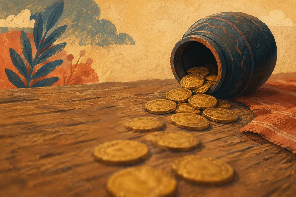 Parable of Talents Coins on Rustic Table