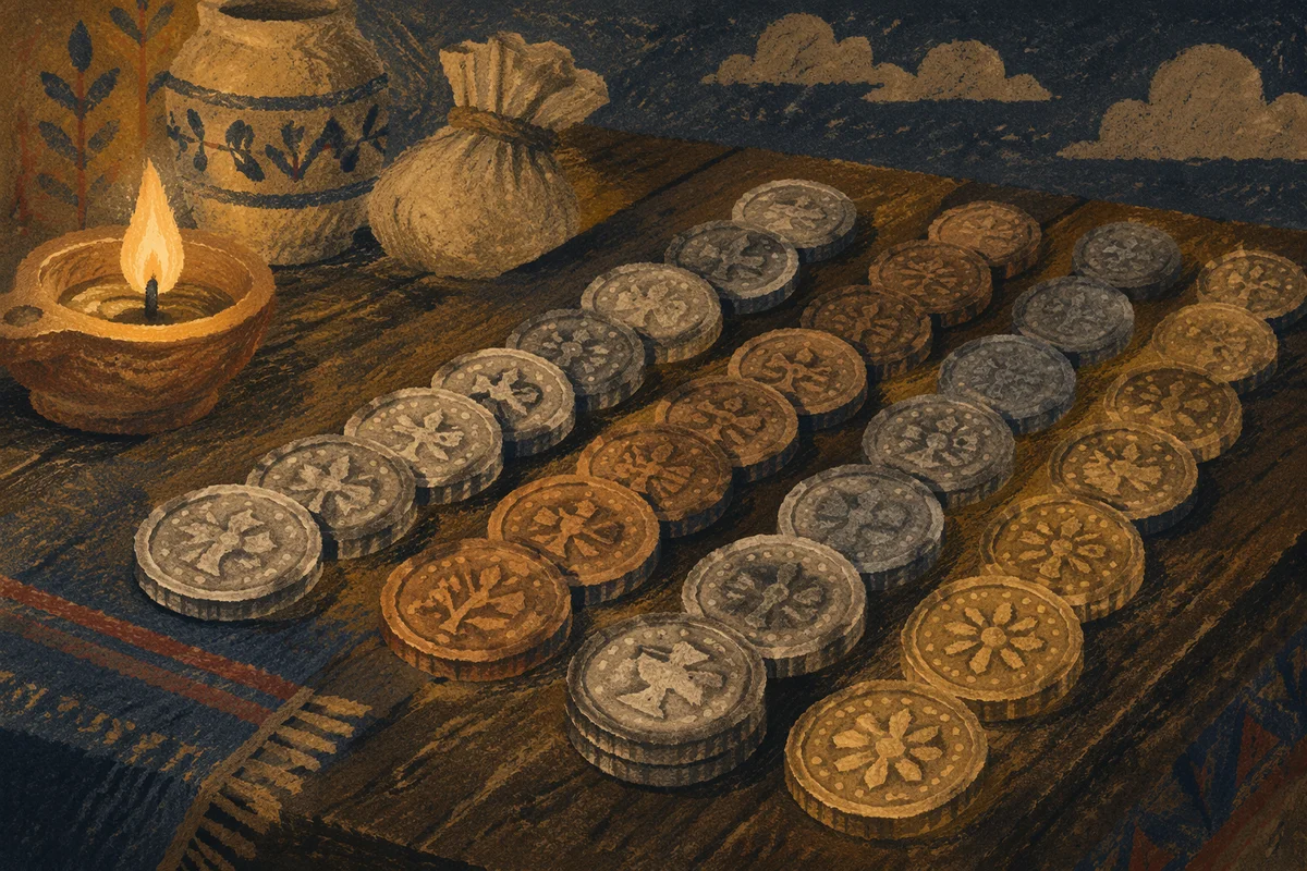 Ancient Talents Coins on Counting Table