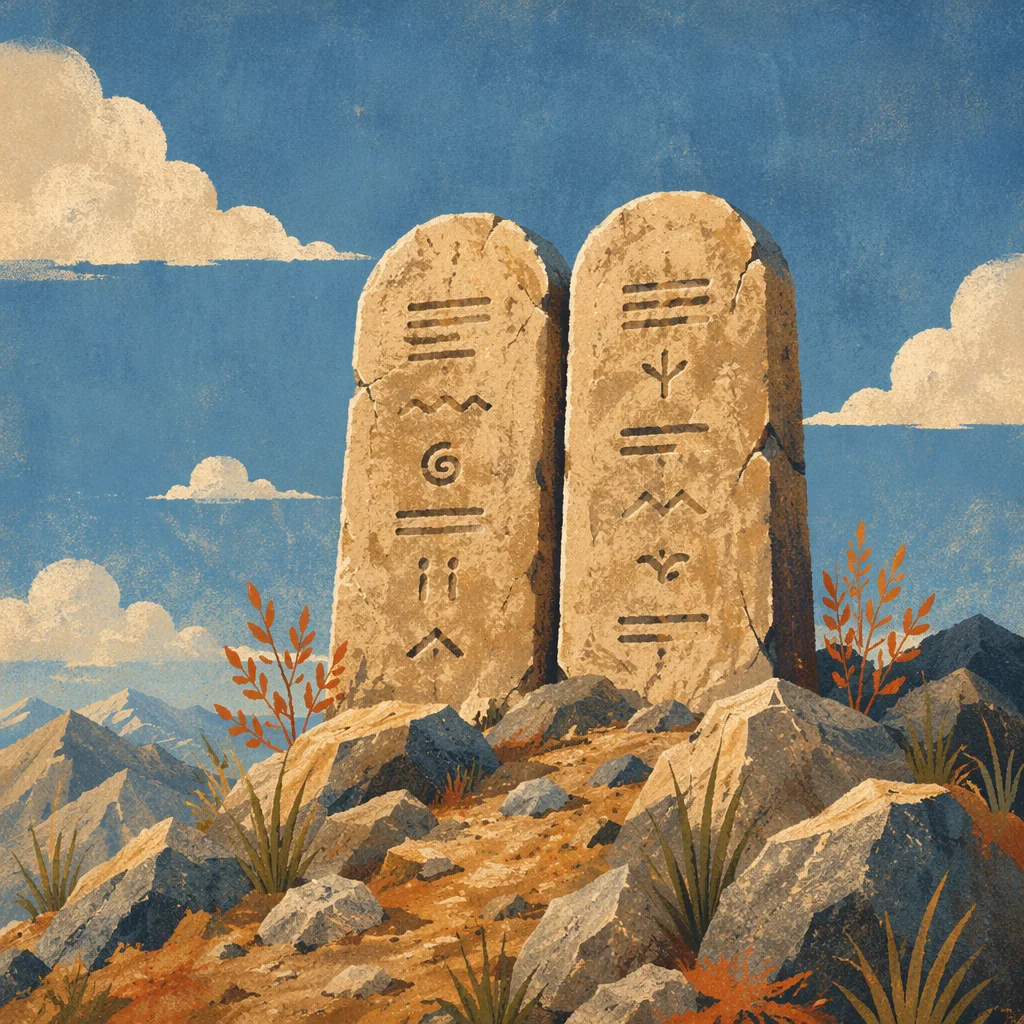 Stone Tablets on Mountain Ridge at Dawn