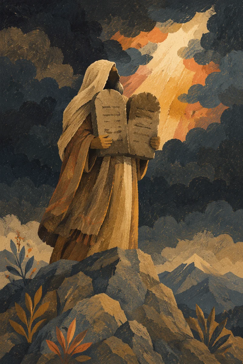 Stone Tablets on Stormy Biblical Mountain