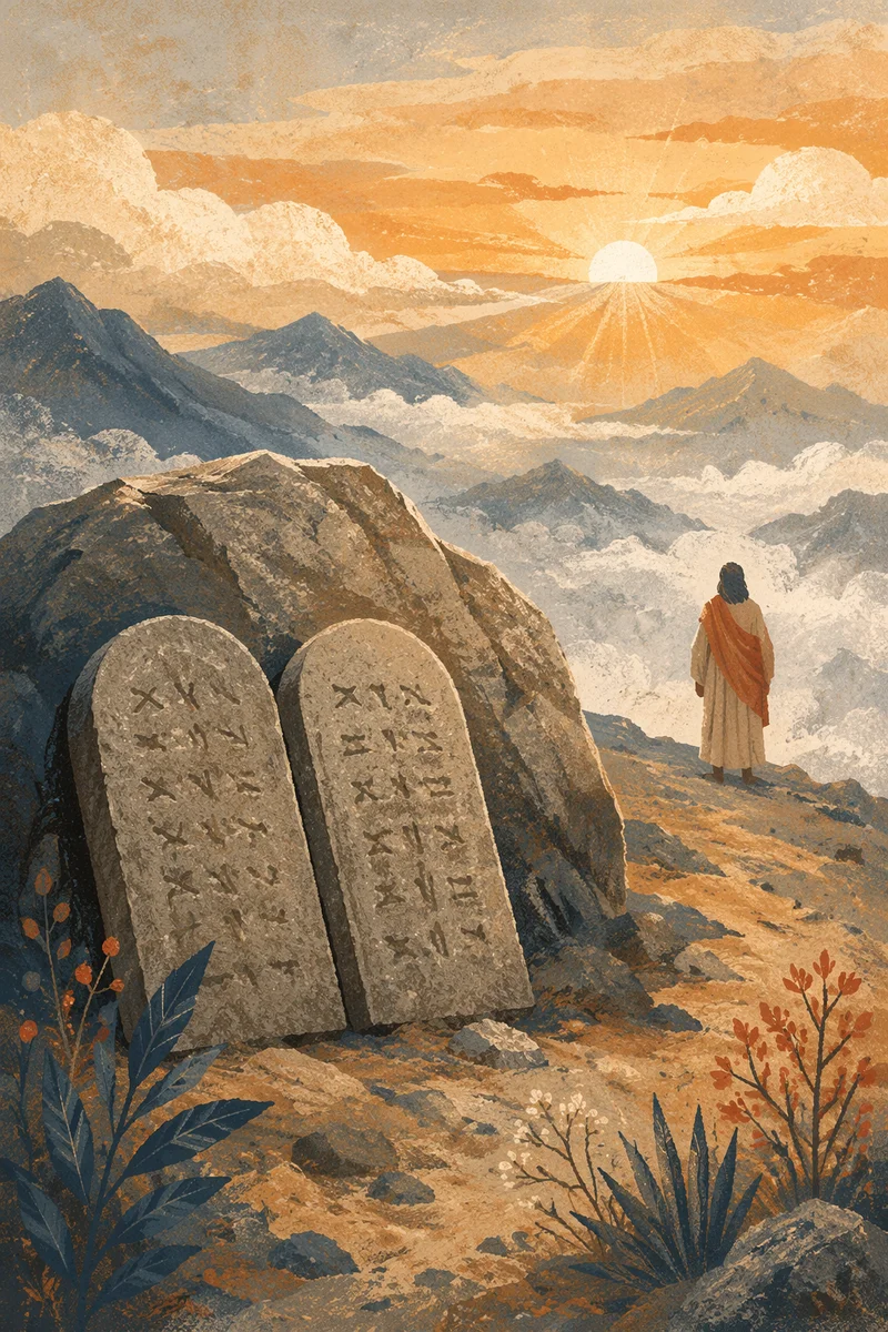 Stone Tablets on Misty Biblical Mountain