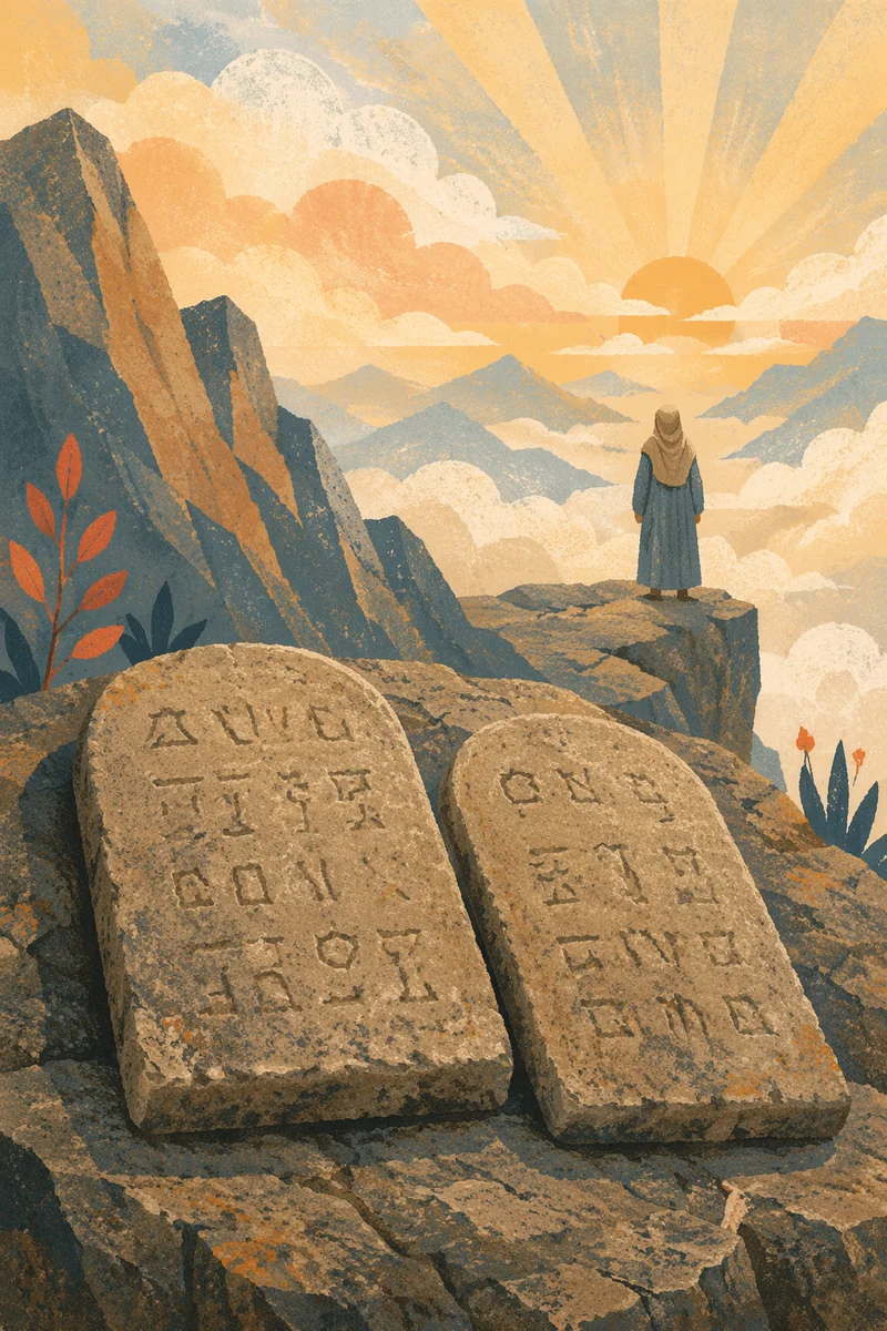 Ten Commandments Tablets on Mountain at Dawn