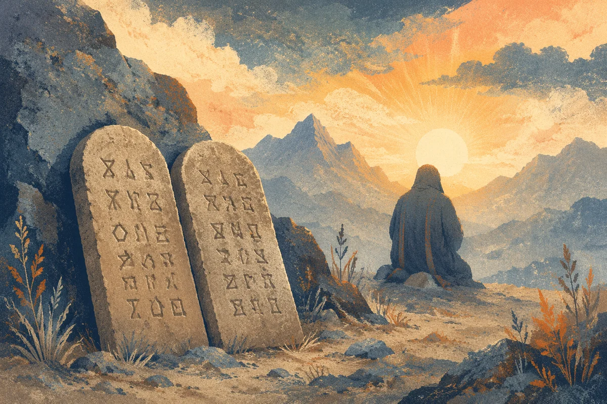 Ten Commandments Tablets on Misty Mountain
