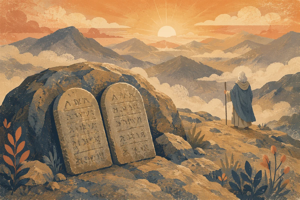 Stone Tablets on Misty Mountain at Dawn